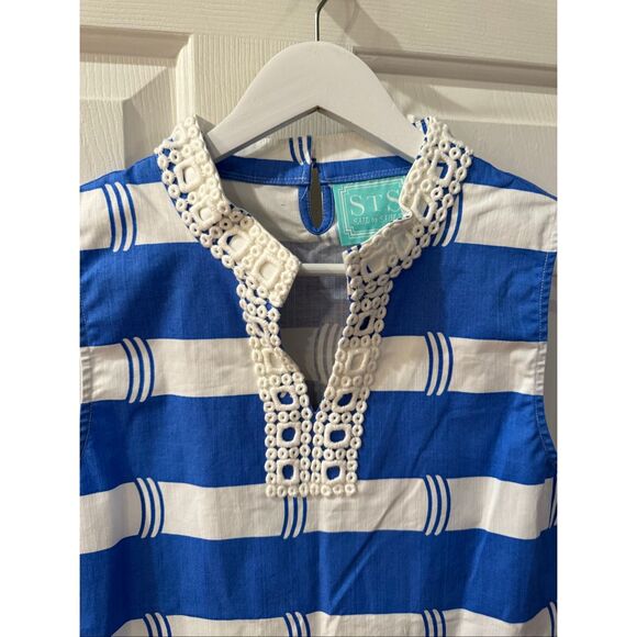 Sail To Sable Blue & White Stripe Crochet Square Neck Crochet Trim Sleeveless Re - Picture 2 of 6